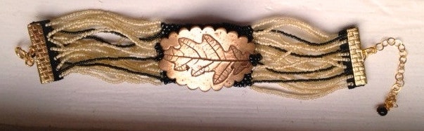 Beaded Bracelet with Bronze Oak Leaf Bar by Lesley Watt