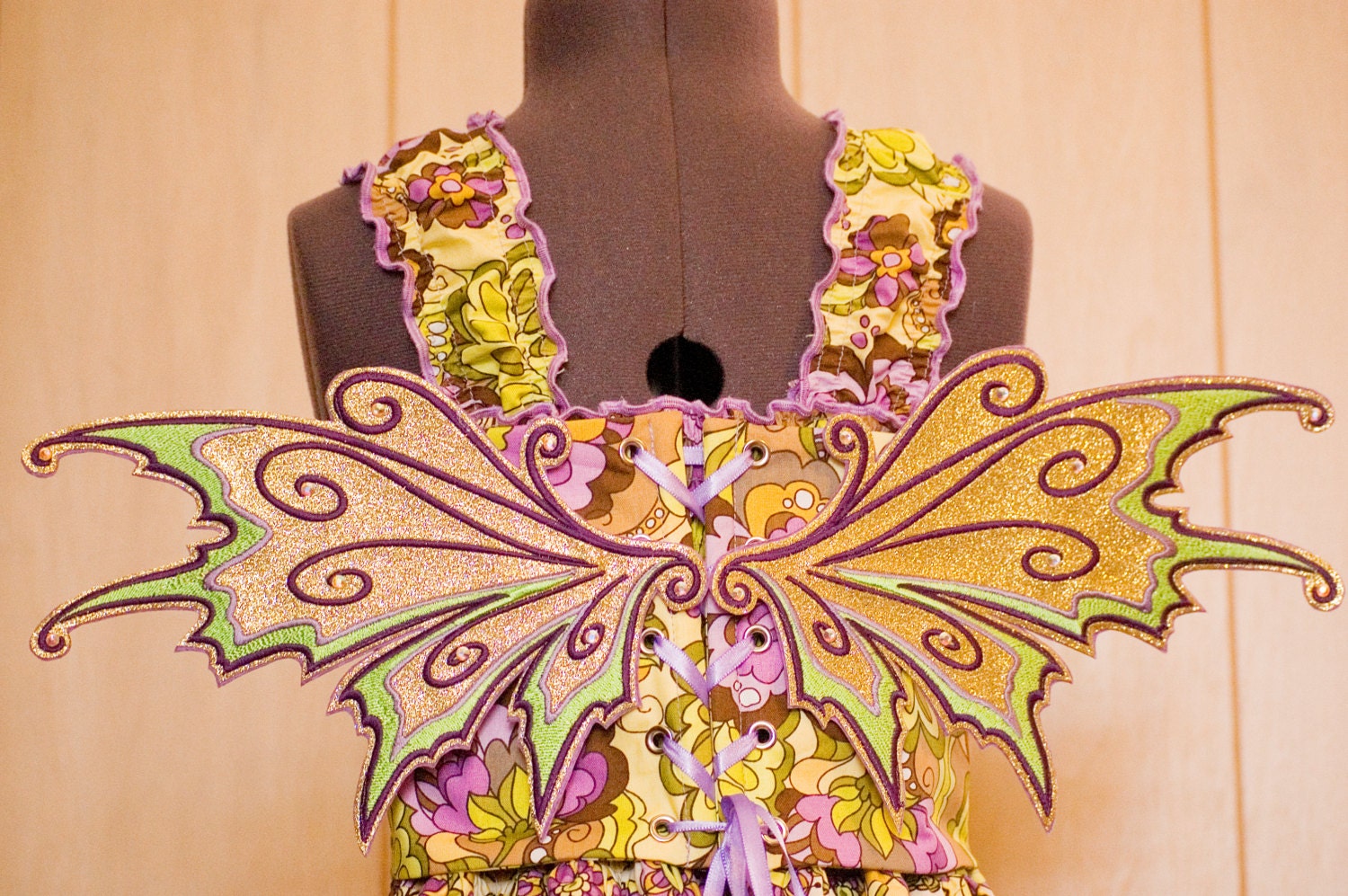 Custom Size Spring Fairy with Unique Embroidered Wings- Photo prop, dress up, costume