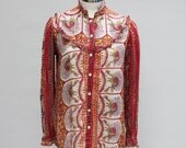 70s vintage women's gauzy, boho, Indian pattern blouse, metallic silver threads, Small / Medium