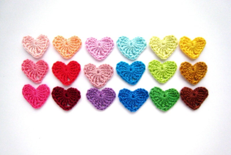 Crocheted hearts applique, colorful Valentines day embellishment, wedding decorations, favors in all rainbow colors /set of 18/