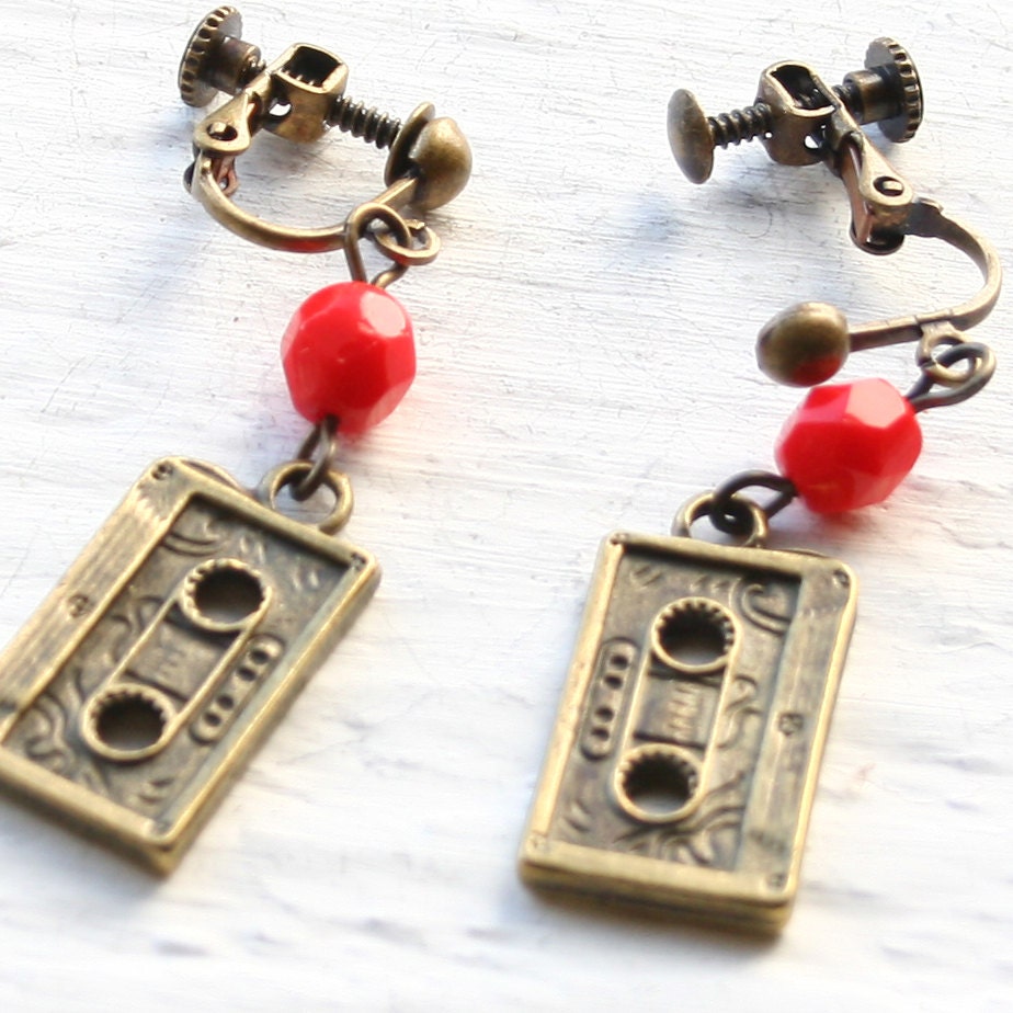 Cassette Tape Earrings - Red Bead, Clip on Earring