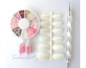 Fake Nail Art Manicure Kit Cherry Blossom pink decor flowers hearts deco nail accessories gift set kawaii sakura