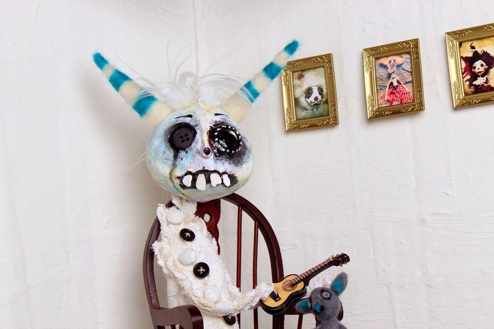 Cry Baby Art Doll. Big Head, Circus puppet, big eyes, Horns, tears, Teeth, Gothic whimsy and strange. crudeart crude art