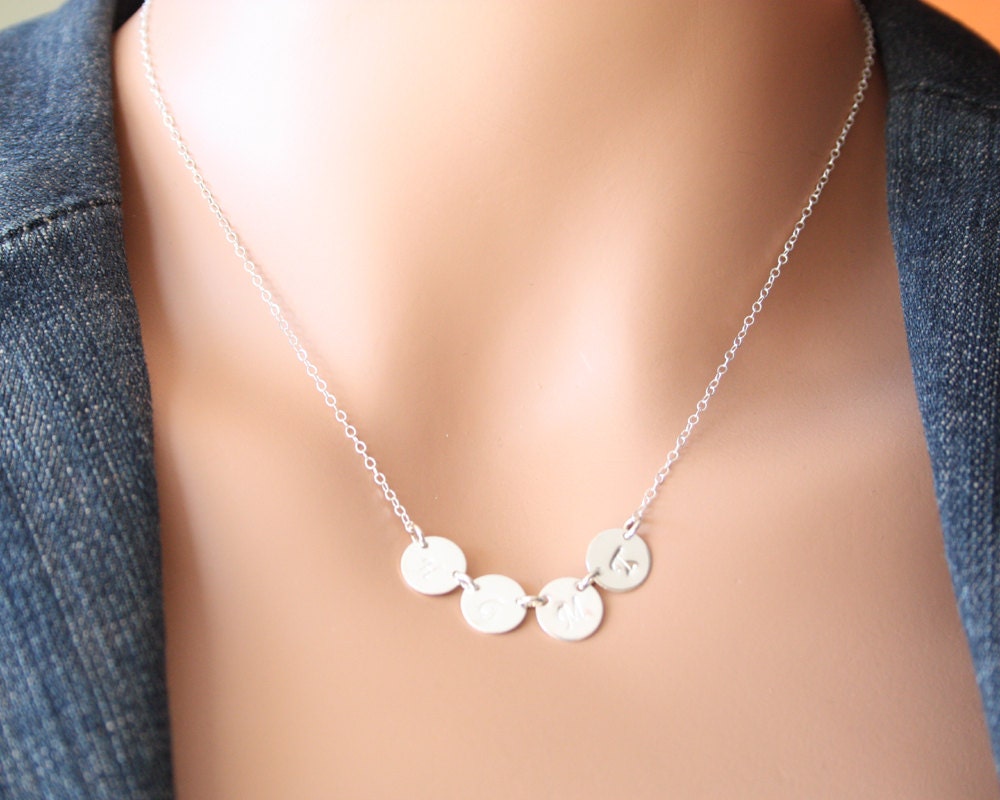 Personalized-handstamped-sterling silver 4 Initial disc  necklace, birthday gifts, mother's mom daughter sister personalize necklace