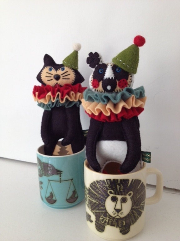 Handmade miniature felt Circus Panda Bear doll.