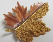 ON SALE Vintage BSK Brooch Pin Gold Tone Metal Enamel Leaf Fall Autumn