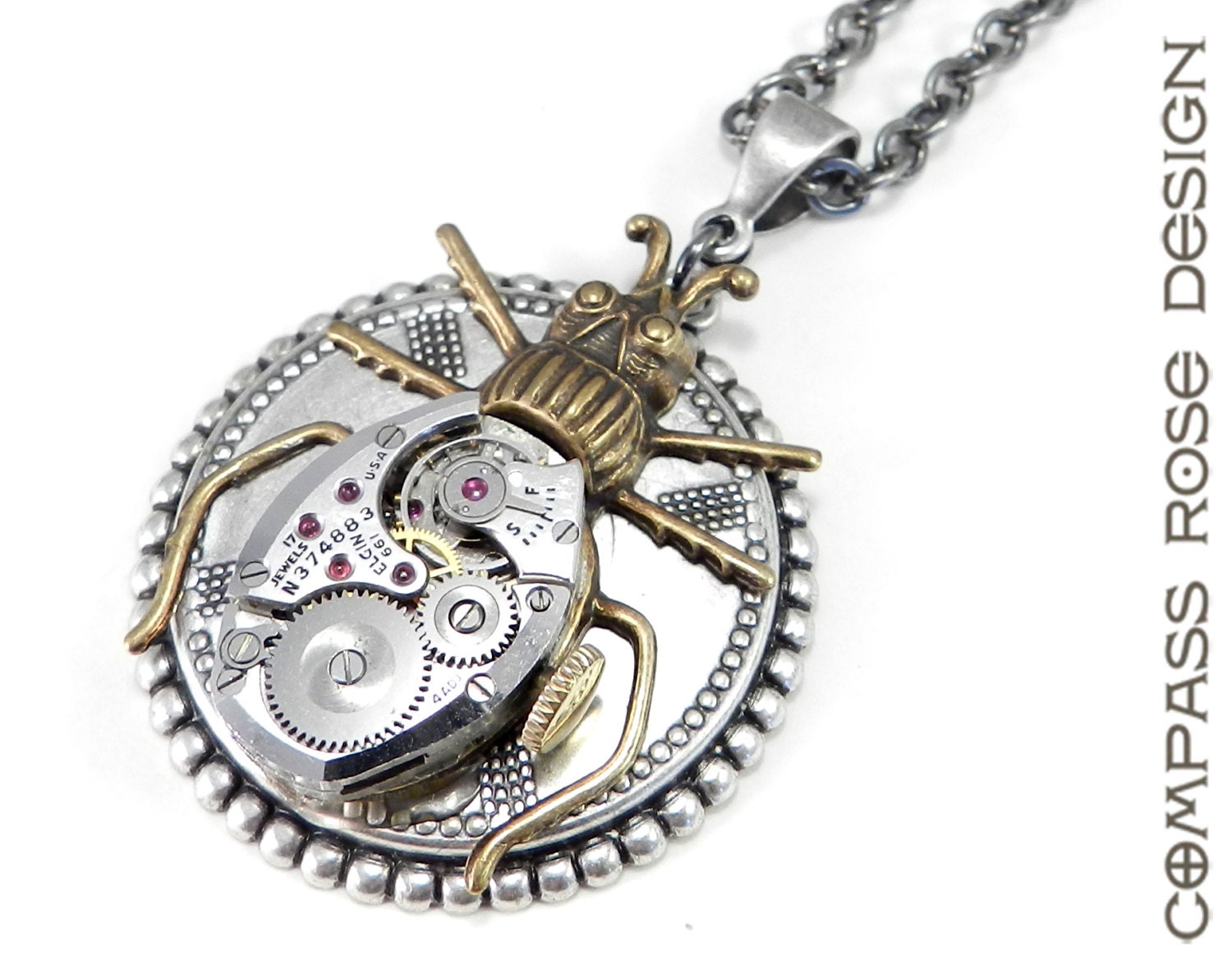 Steampunk Necklace - Handmade Jewelry - Clockwork Beetle - Silver Unisex Insect Pendant