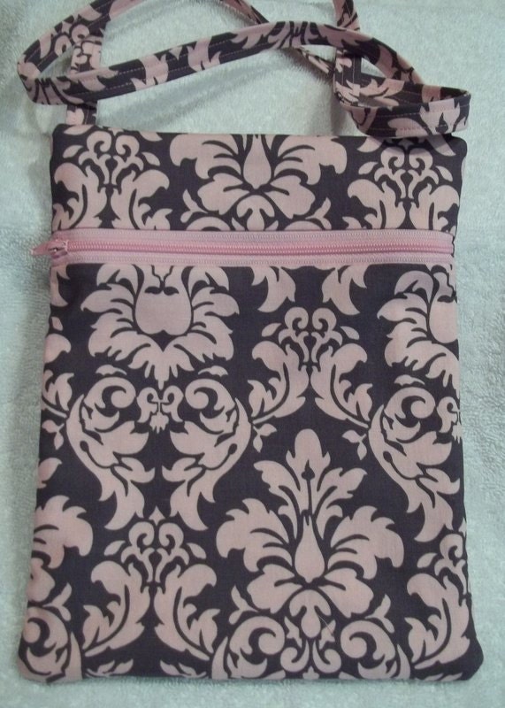 Handmade Gray and pink damask - Sling Bag, Cross Body Bag, Hipster, Travel Bag