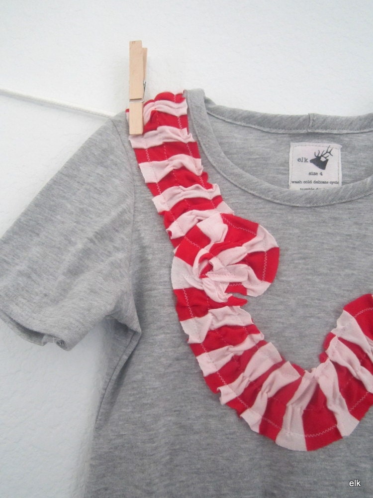 Girls Dress - Gray Red White Stripe Twisting Ruffle, READY TO SHIP (4, 5, 6, 7)