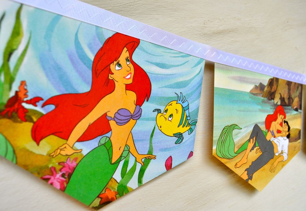 Walt Disneys The Little Mermaid: Little Golden Book Story Book Repurposed Upcycled Childrens Party Decoration Wall Hanging