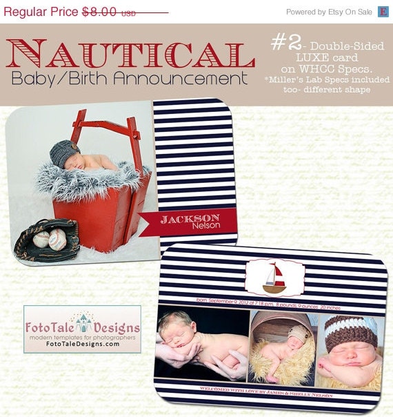 SALE INSTANT DOWNLOAD - Nautical Baby Announcement- Luxe Card No. 2- custom photo templates for photographer's on Millers Lab and Whcc Spec