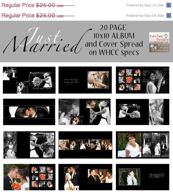 SALE Just Married 10x10 Wedding Photo Album- custom photo templates for photographers on WHCC, and ProDigitalPhotos Specs
