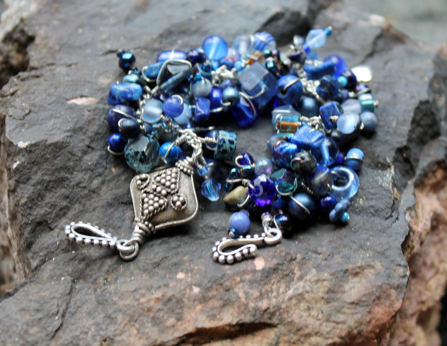 blue hues. lapis lazuli bracelet. tibetan focal bead / beaded wire wrapped dark blue beaded uniquenecks bracelet