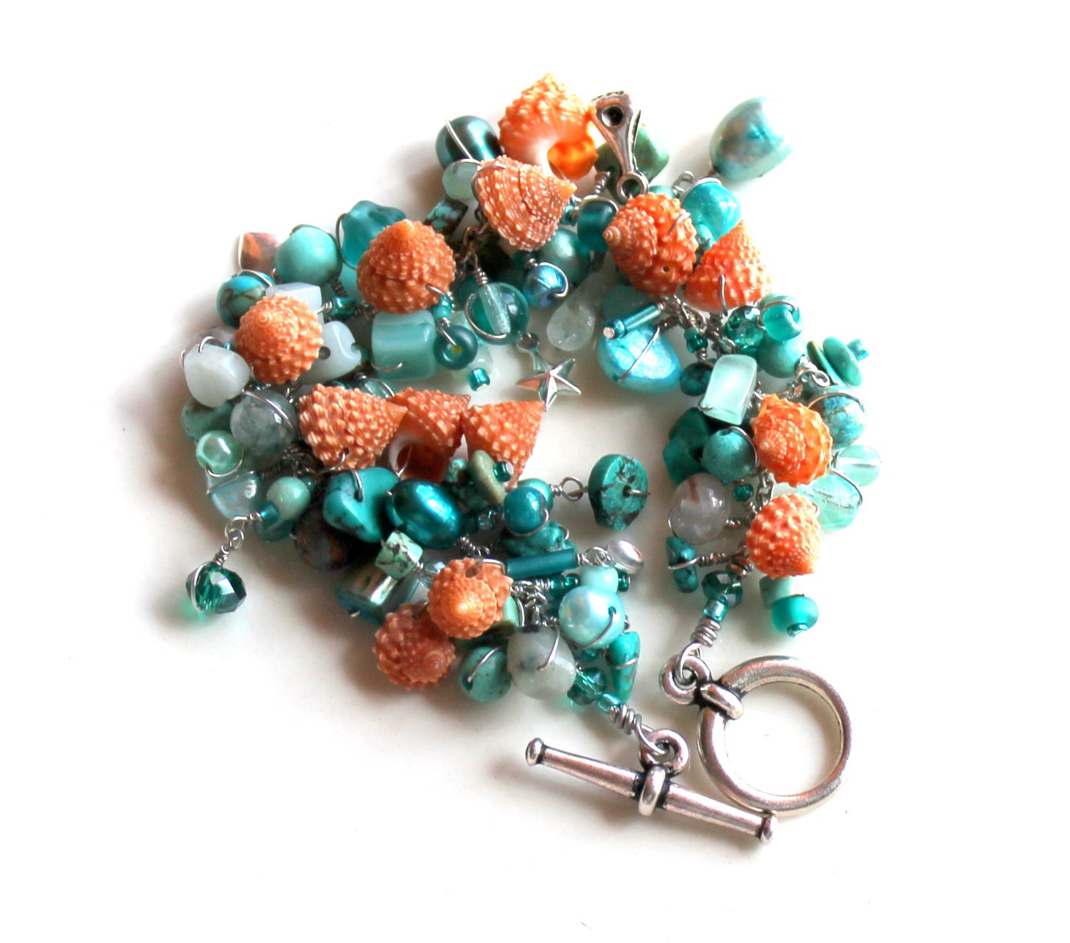shell wish / gemstone bracelet  / teal turquoise and orange seashell beaded bracelet / handmade gift / strawberry cone seashell jewelry