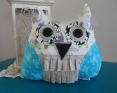 NEW- UNIQUE Shabby Tattered Owl Pillow /Owl Baby Shower Decoration/ aqua gray green / Limited Edition-RTS