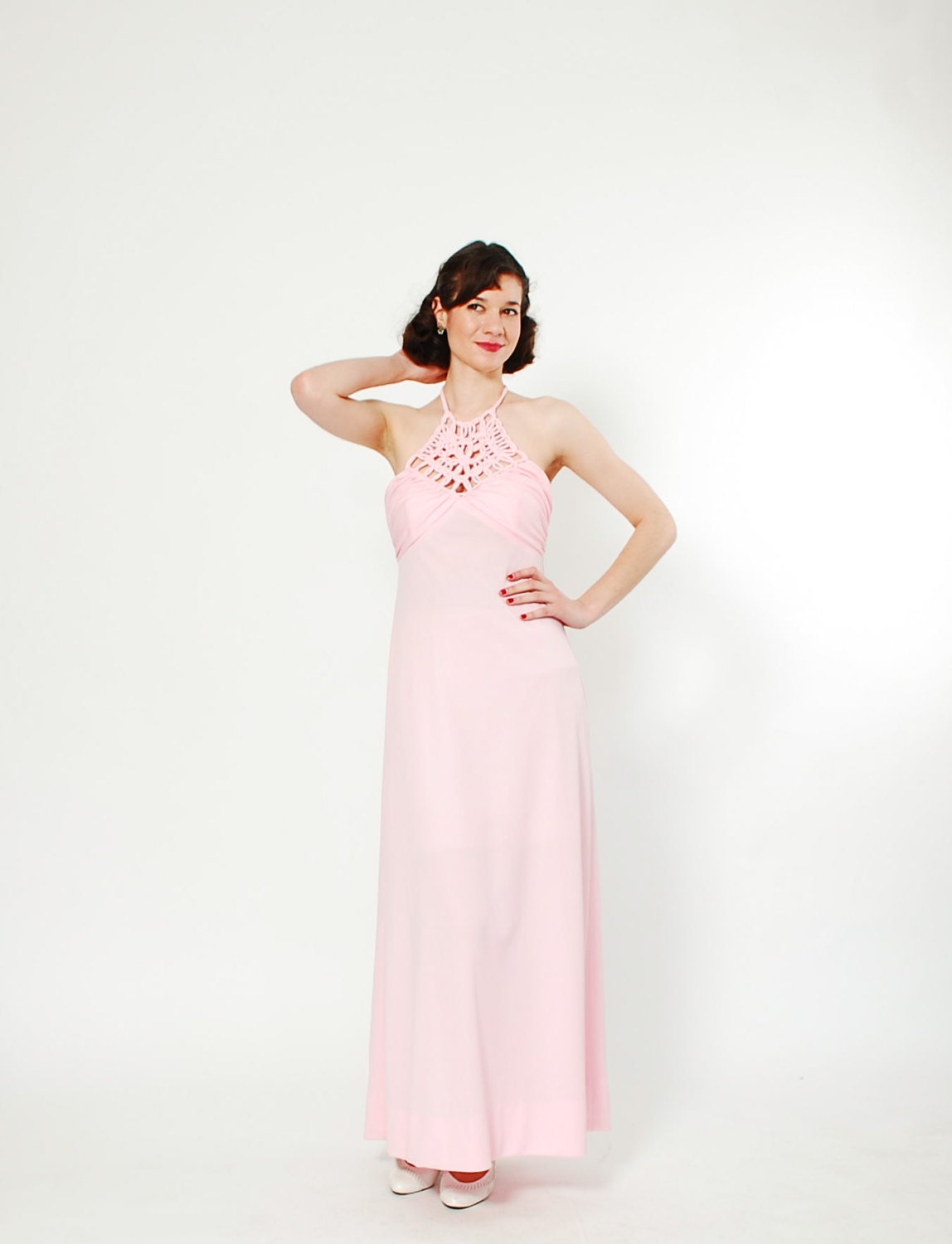Vintage Maxi Dress - 1970s Halter Dress - Pretty Pink