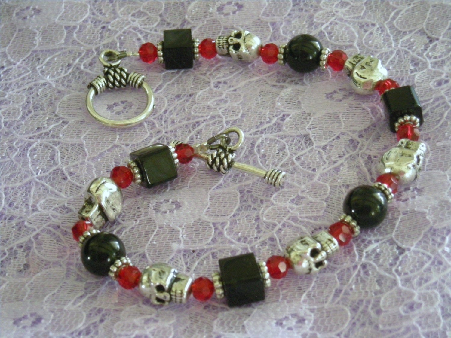 Skulls Bracelet or Anklet All Gothic Style with Red Swarovski Crystal Price includes Shipping