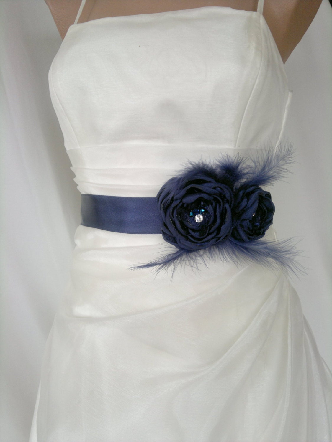 Handcraft Navy Blue Two Flowers With Feathers Wedding Bridal Sash Belt