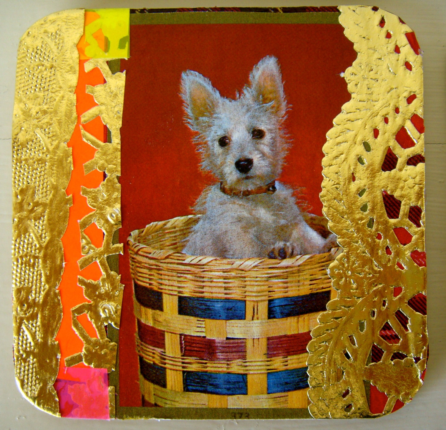 Four kitsch dog tartan collage coasters