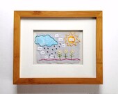 Original Paper Collage Hand-Stitched 8 x 10 Framed Art - You Make Me Happy When Skies Are Gray - rain and sun, nursery art, wall decor