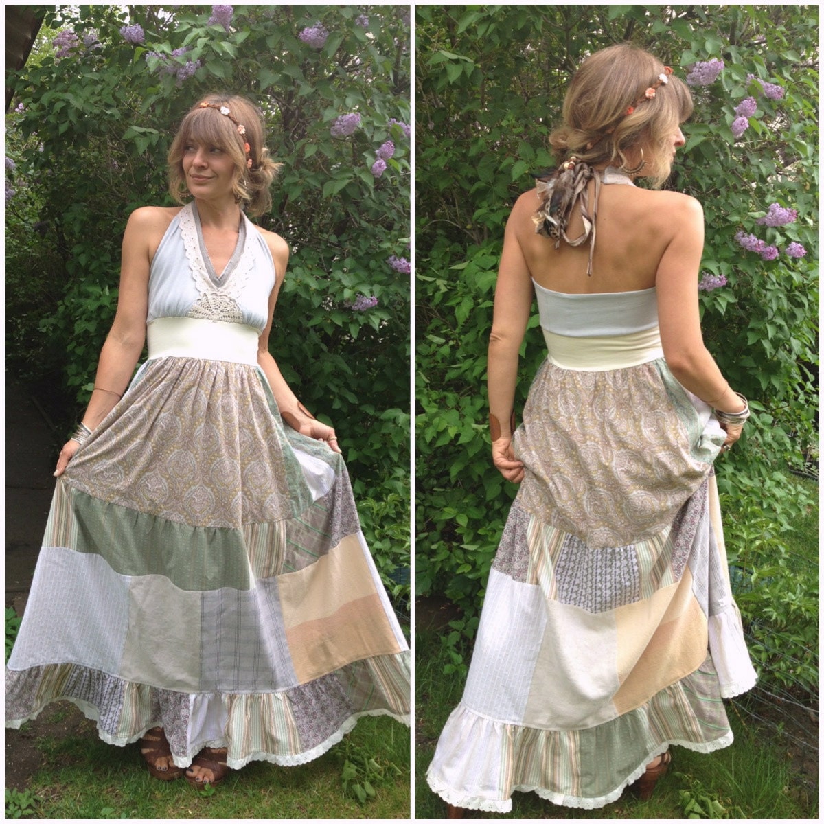 Eco Halter Maxi Dress,size S/M, hippie, boho dress, casual wedding,long patchwork dress, halter tie back, shabby chic, neutral mix by Zasra