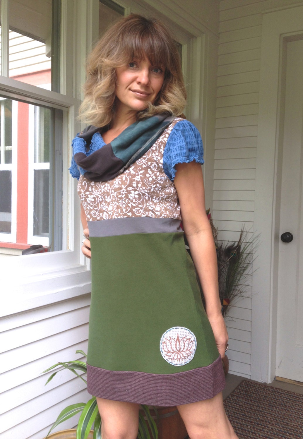 Eco Baby doll Tunic Shirt, size S/M, cowl neck,Clothing, boho, hippie,  patchwork, green, blue and maroon mix, lotus flower appliqué, Zasra