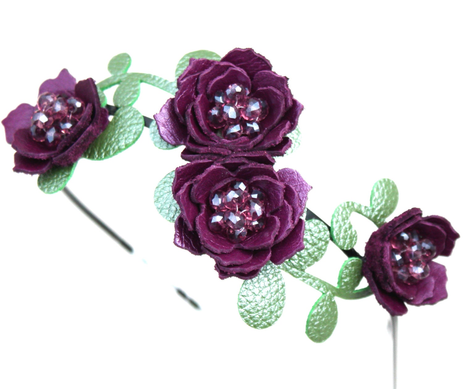 Bridal hair flower headband purple headband wedding hairpiece leather headband with crystal beads woodland wedding