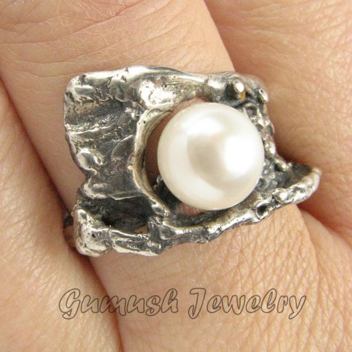 Gumush Engagement Ring, 925 Sterling Silver Ring, White Pearl Ring, Fantasy Ring, Textured Silver Ring,Size 8 Custom Size Ring