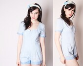 60s Baby Blue Gingham Sweetheart Denim Romper Shorts / Bombshell Rompers / Onesie / Shorts / Cotton Shorts / 1659