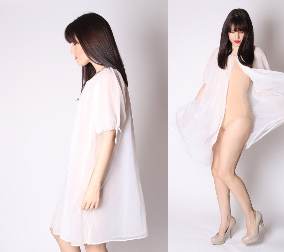 50s Vintage White Semi Sheer Lace and Pastel Floral Negligee Nightie Robe / 1950s White Lingerie / 50s Bridal Lingerie  2168