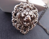 Narnia--Large antique silver brass 3D effect lion head necklace
