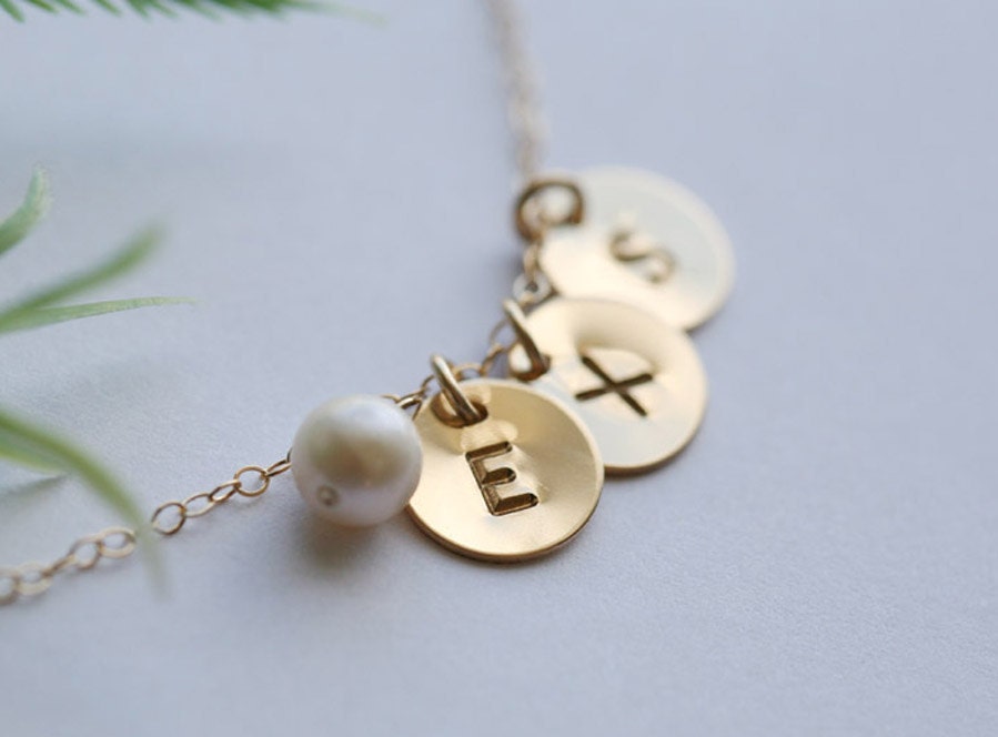 Three initial disks necklace,14k Gold filled,Custom birthstone,August Peridot,birthday gift,Mother,Grandmother gift