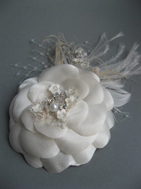 Bridal hair flower headpiece wedding accessory Ivory Champagne unique flowered lace Ivory french feather rhinestone crystal pearl Fascinator