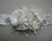 Ivory Wedding sash, Bridal dress sash accessory, ribbon belt, rhinestone diamante lace 3 flower floral rose romatic vintage inspired