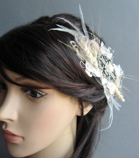 Natural wedding adornment, burlap and lace wedding hair accessories, Shabby chic bridal vintage wedding, whimsical rhinestone headpiece