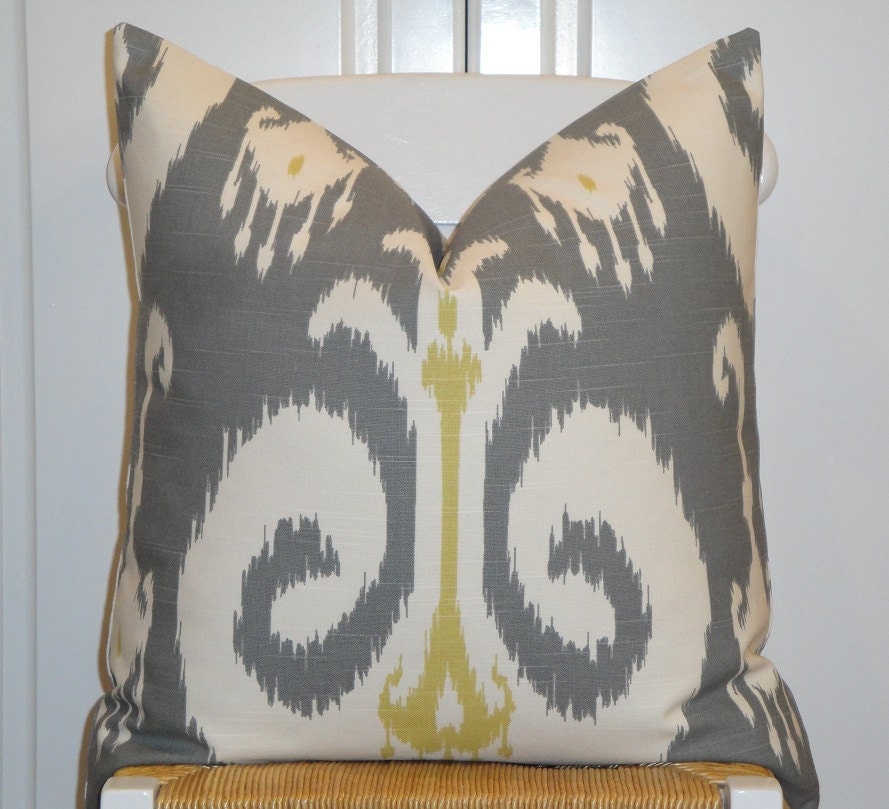 IKAT -  BOTH Sides -  Decorative Pillow Cover - 20 x 20 - Throw Pillow - Accent Pillow - Citrine - Grey - Ivory