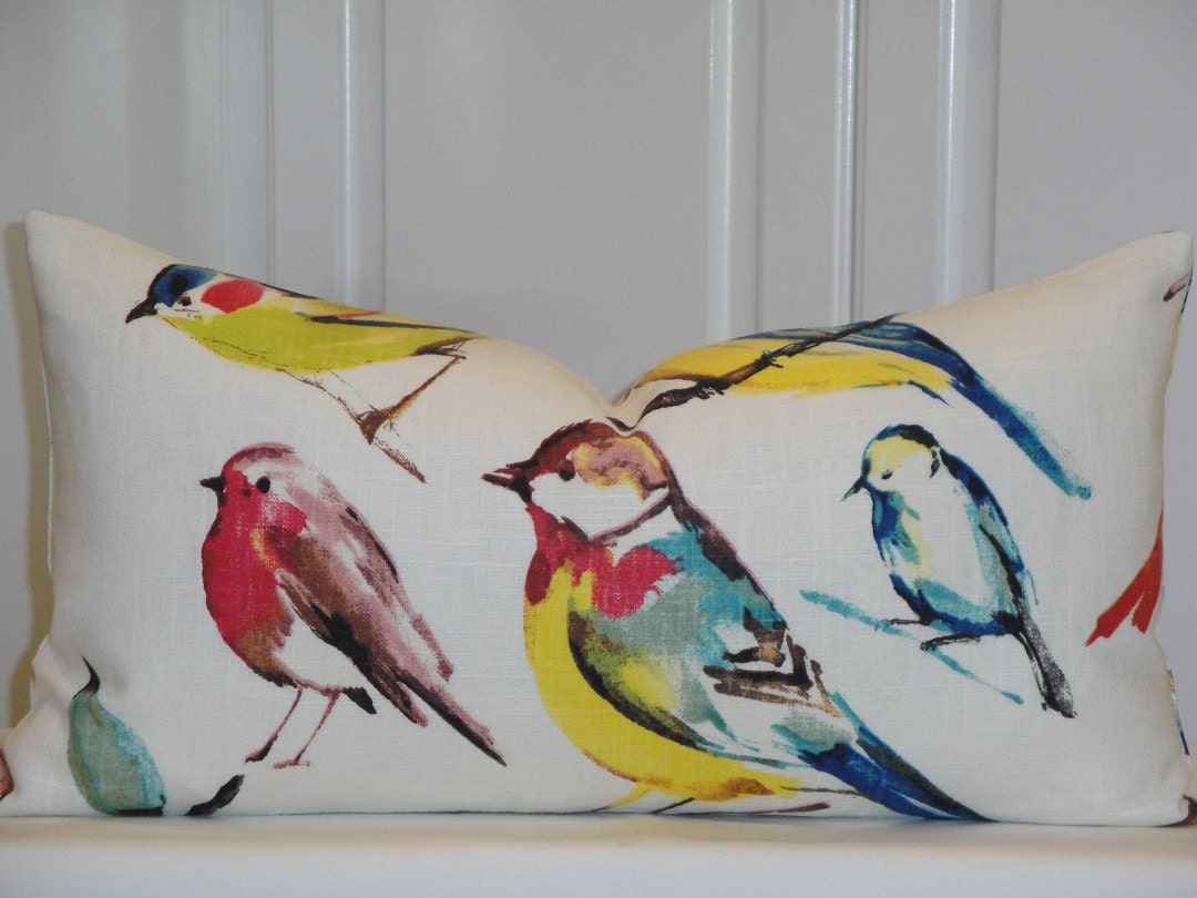 BOTH SIDES - 11 x 21 - Birds - Decorative Pillow Cover - Red - Yellow - Blue - Grey