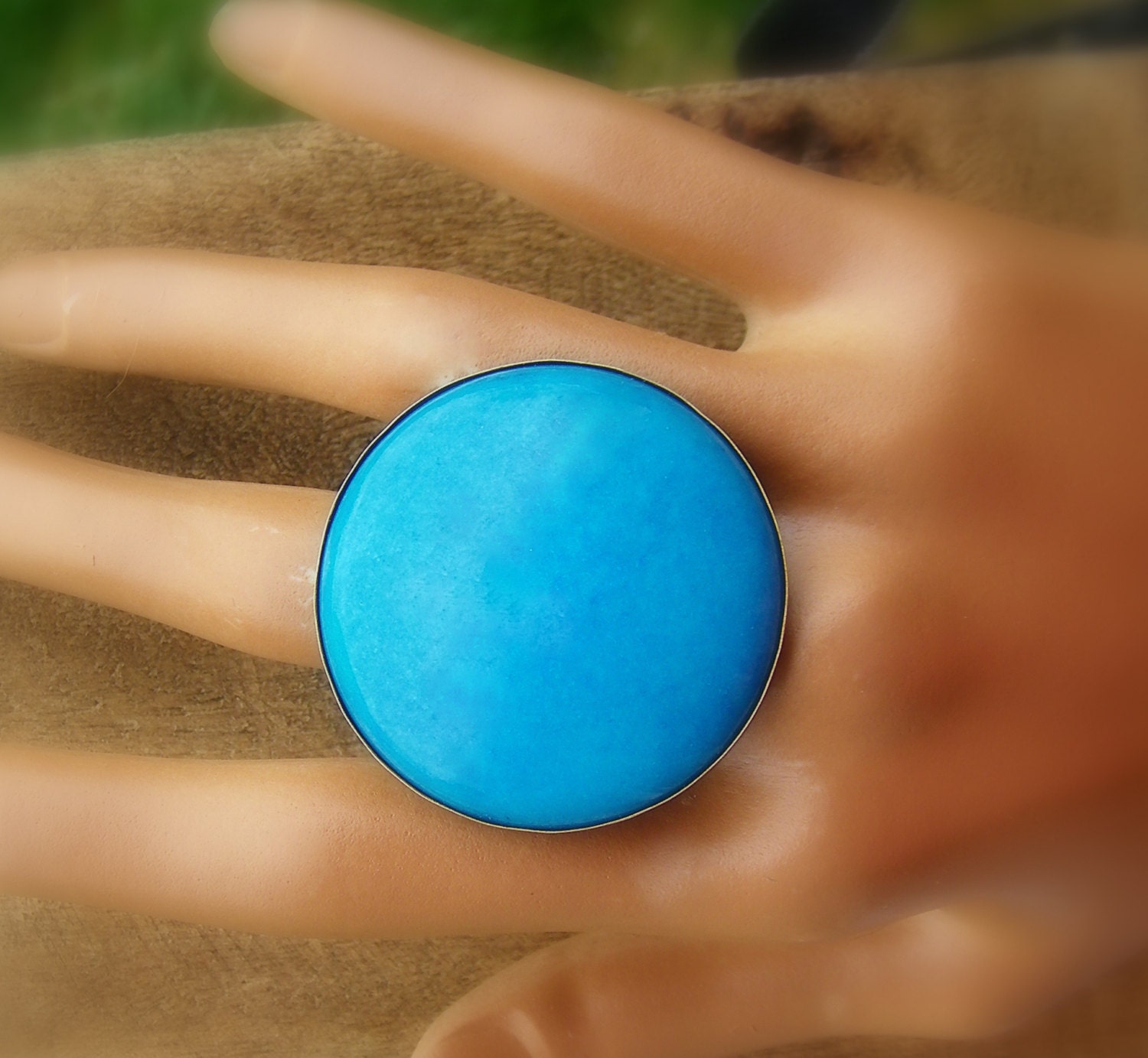 Huge Capri Blue Jade Stone Statement Ring. Cocktail Ring.  Solid Chocolate Brown Brass Patina.
