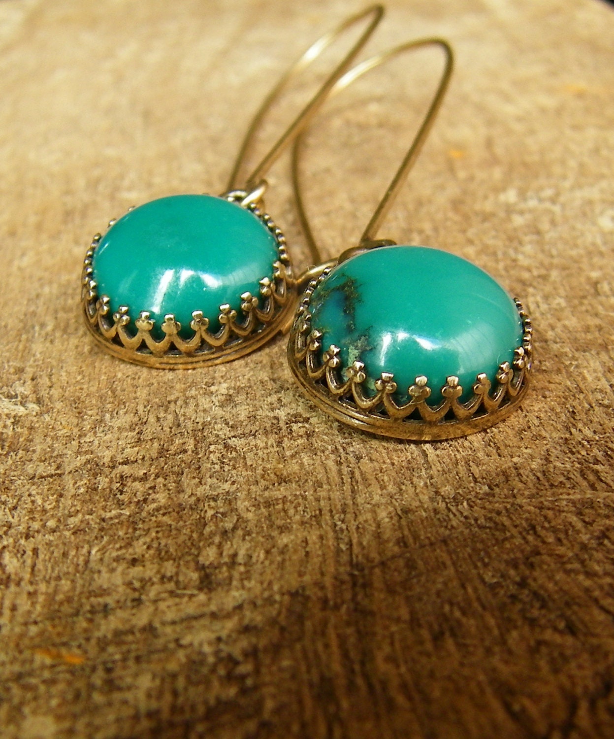 Natural Turquoise Dangle Earrings. Bezel Set Solid Antiqued Gold Brass Drop Earrings