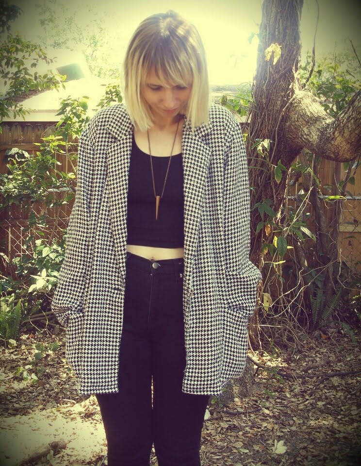 Oversize Black and White Houndstooth Print Jacket