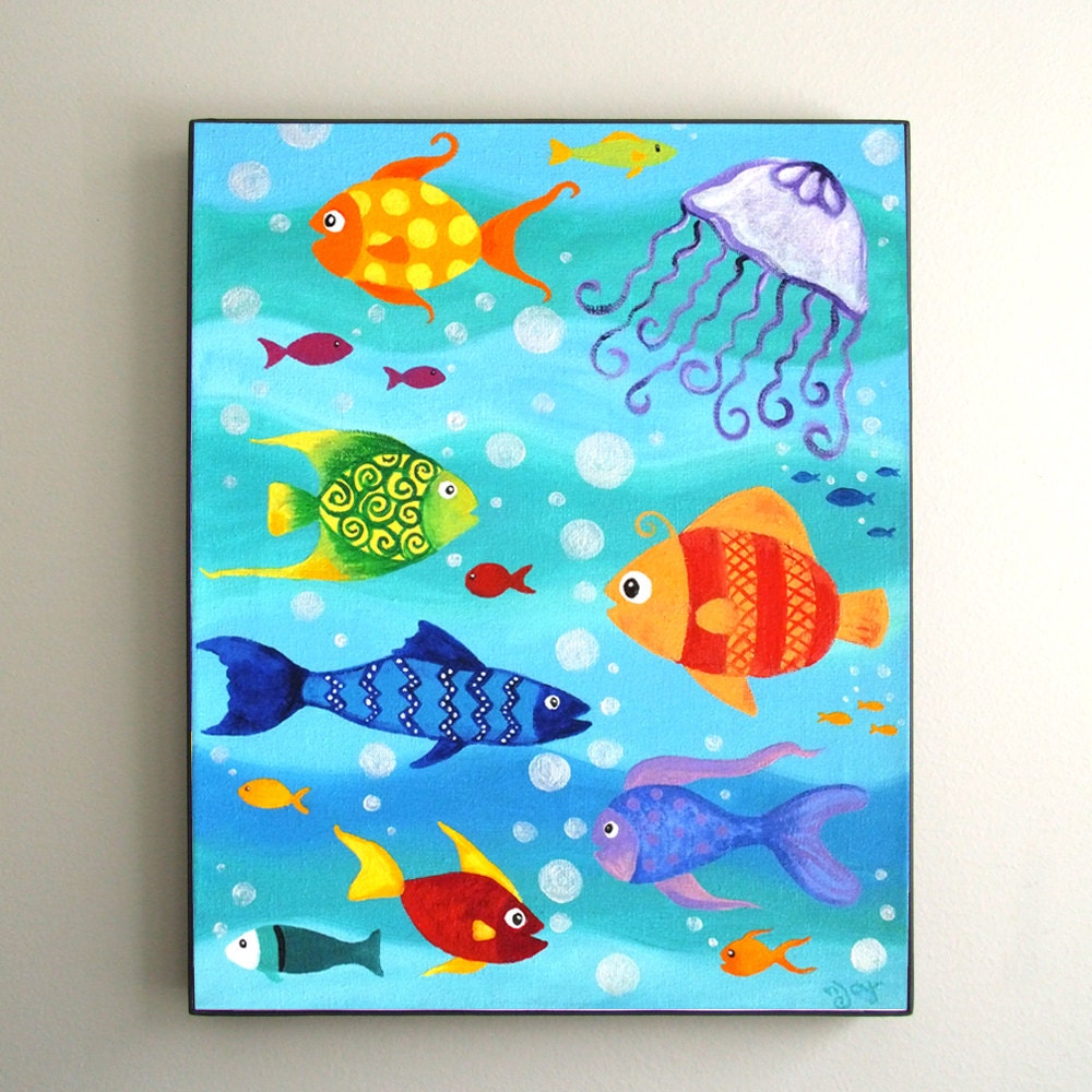 Childrens Wall Art, 8x10 PRINT, HAPPY FISH, Under sea themed art for nursery or kids rooms