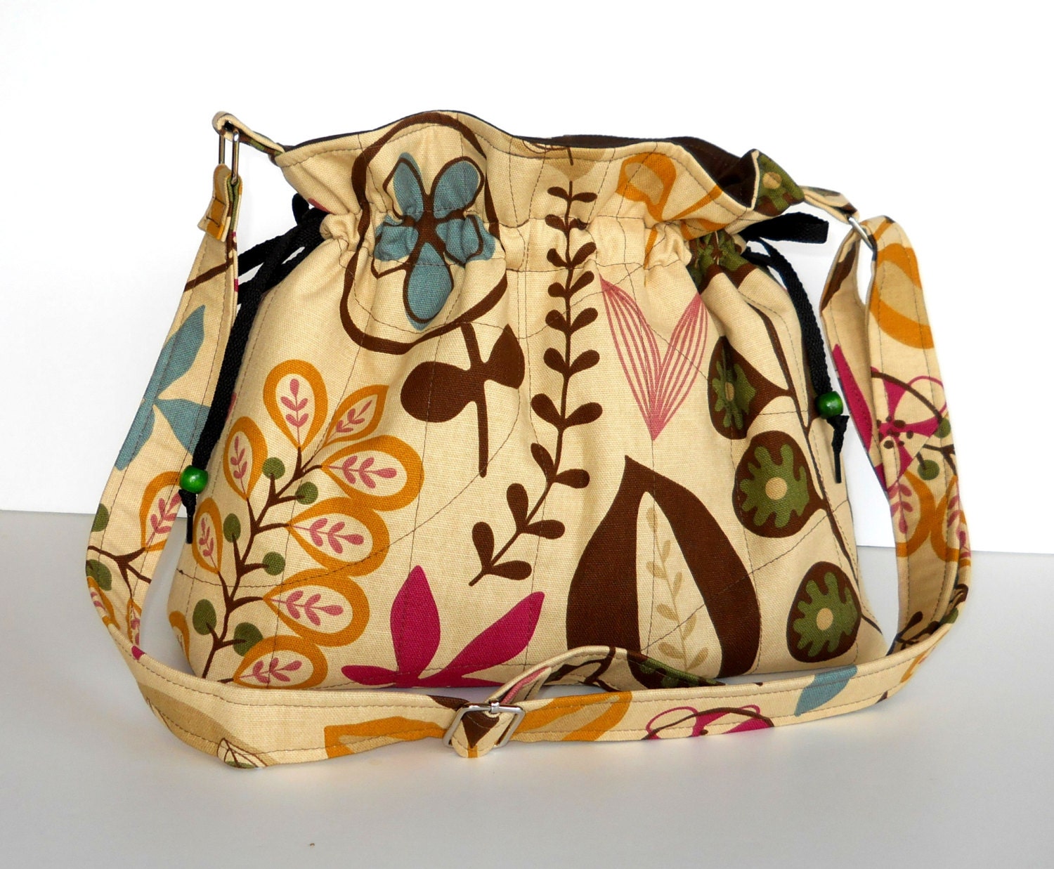 Drawstring Bucket Bag / Canvas Hobo Purse with Adjustable Strap - Funky Botanicals on Tan