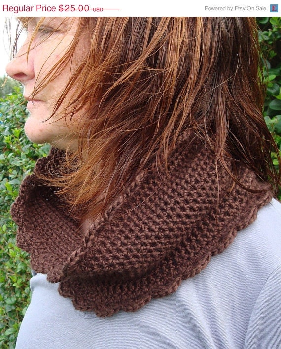ON SALE Crochet Cowl Brown Silk Merino Shell Edge Hand made in Ireland