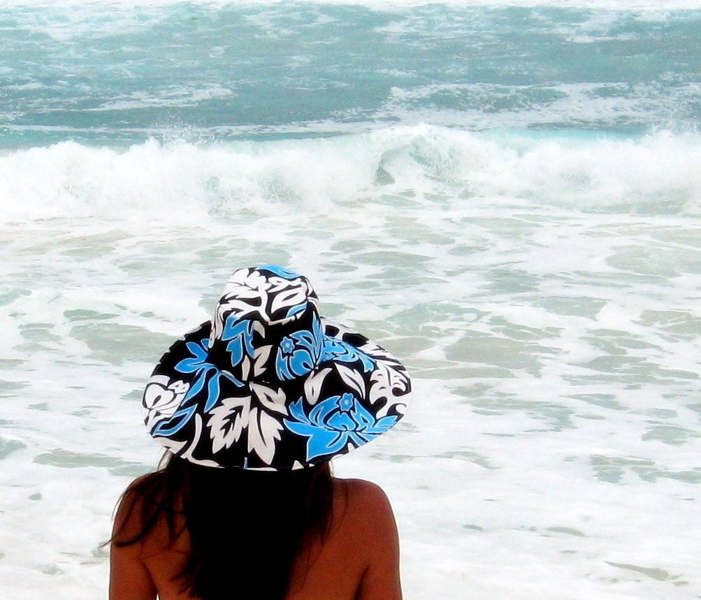 Wide Brim Sun Hat in Hawaiian Print Turquoise, Black, and White Summer Hat by Freckles California sizes: small, medium, or large available