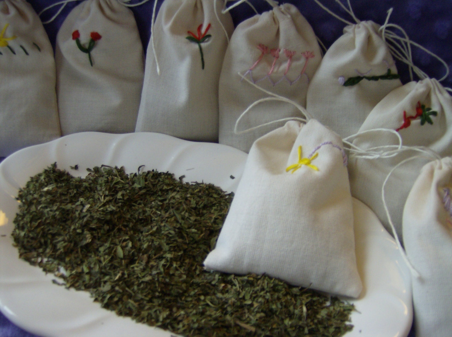 Peppermint herbal bath teas in REUSABLE drawstring pouches, set of 3