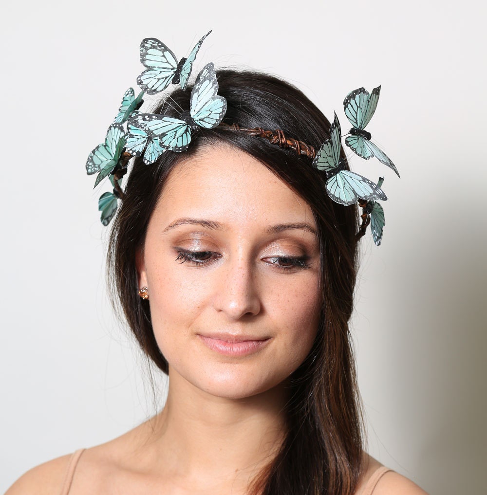 Sweet Mint Pastel Butterfly Crown - wedding, bride, fantasy, woodland,green