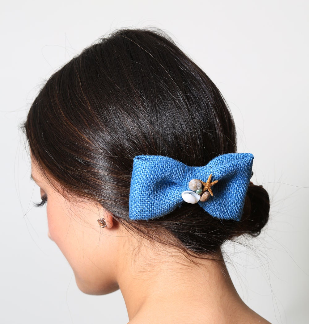 Seashell Blue Burlap Bow Barrette - ocean, sea, beach