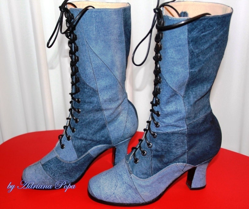 Victorian style Boots in Leather as jeans fabric Ankle BootsORDER your customised shoes