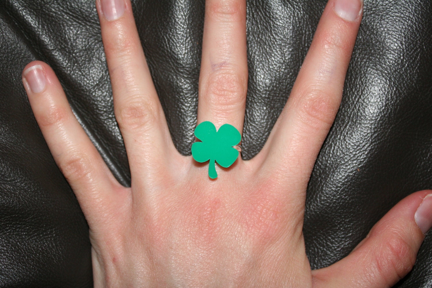 Loreli- Tiny Green Clover or Shamrock Laser Cut Acrylic Silver Adjustable Ring