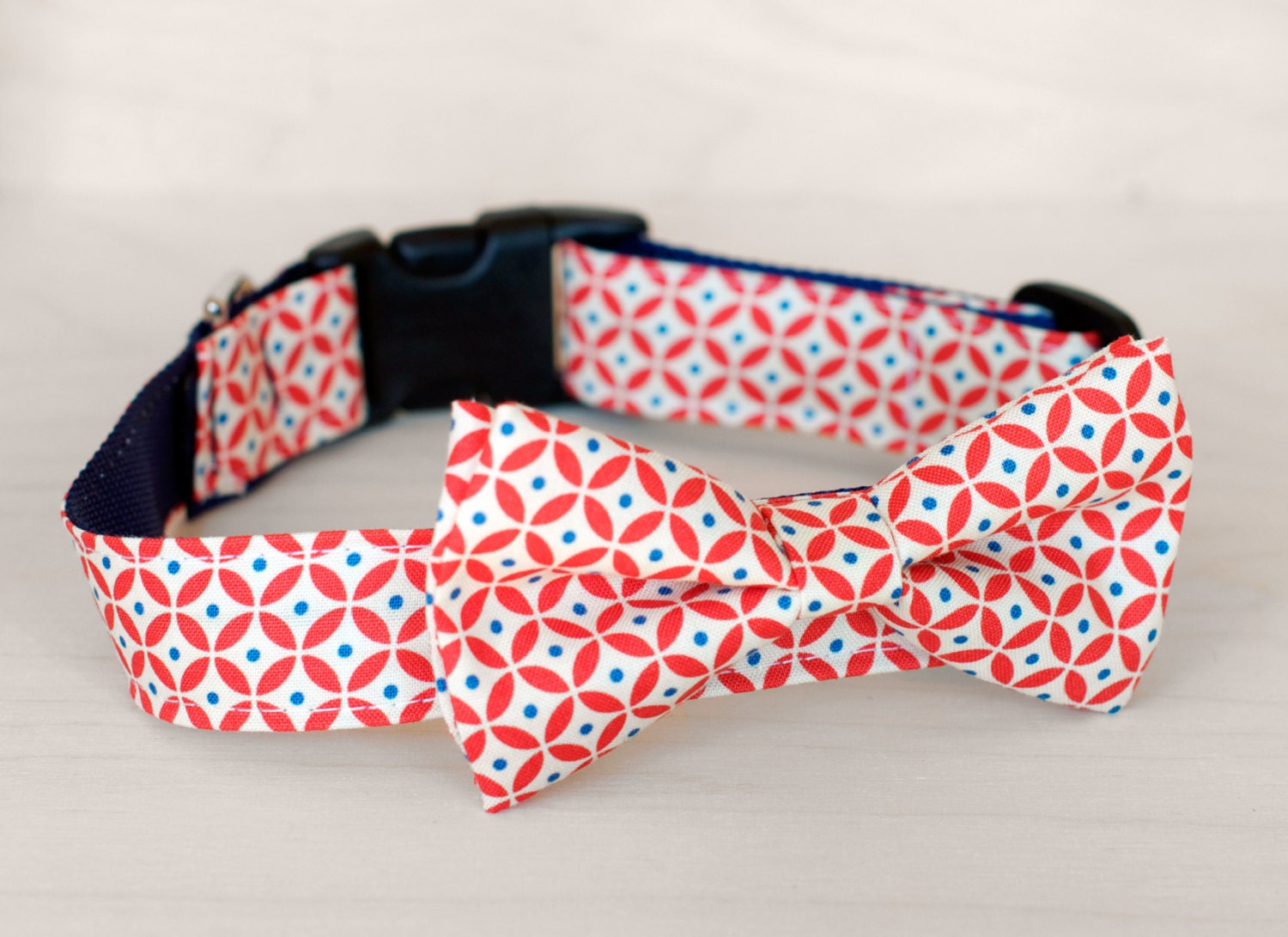 Red and Blue Dot Dog Bow Tie Collar